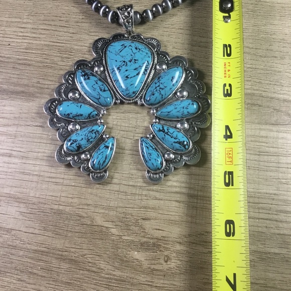 Turquoise and Silver Beaded Necklace With Large Squash Blossom Pendant - Picture 4 of 7